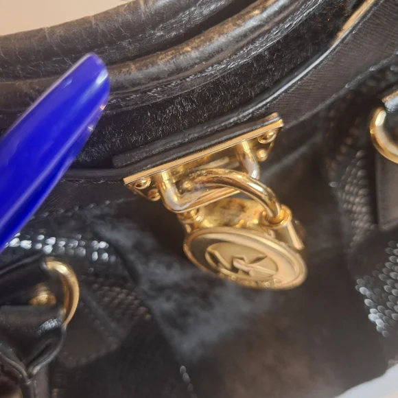 Michael Kors  Mixed Media Haircalf Black Leather Shoulder Bag with Gold Details - Picture 12 of 14